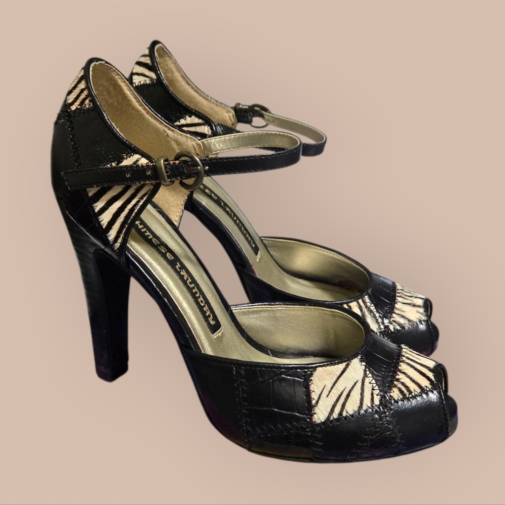 Black and Cream Zebra Print Y2k Vintage 90s Grunge Peep-Toe Heels Size 6.5